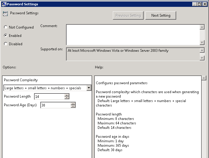 Microsoft LAPS Password Settings