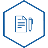 A hexagonal icon with an illustration of a paper and pen in the center