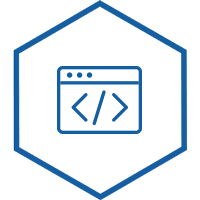 Hexagonal icon with illustration of systems function icon